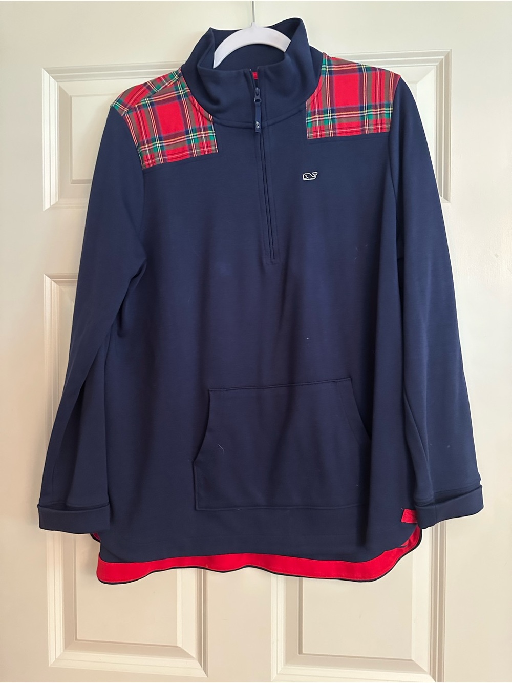 Vineyard Vines Navy 1/4 Zip Pullover with Plaid Shoulders Size L